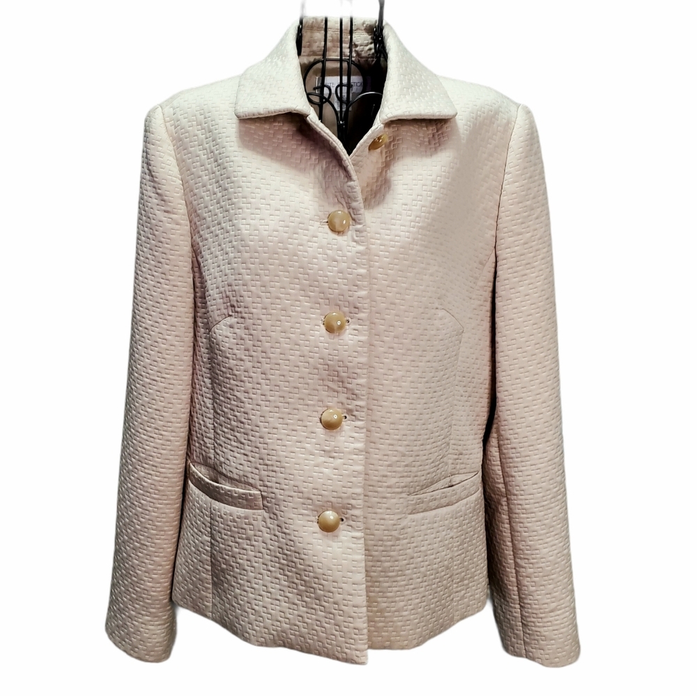 Petite Sophisticate Light Beige Textured Button-Front Blazer
